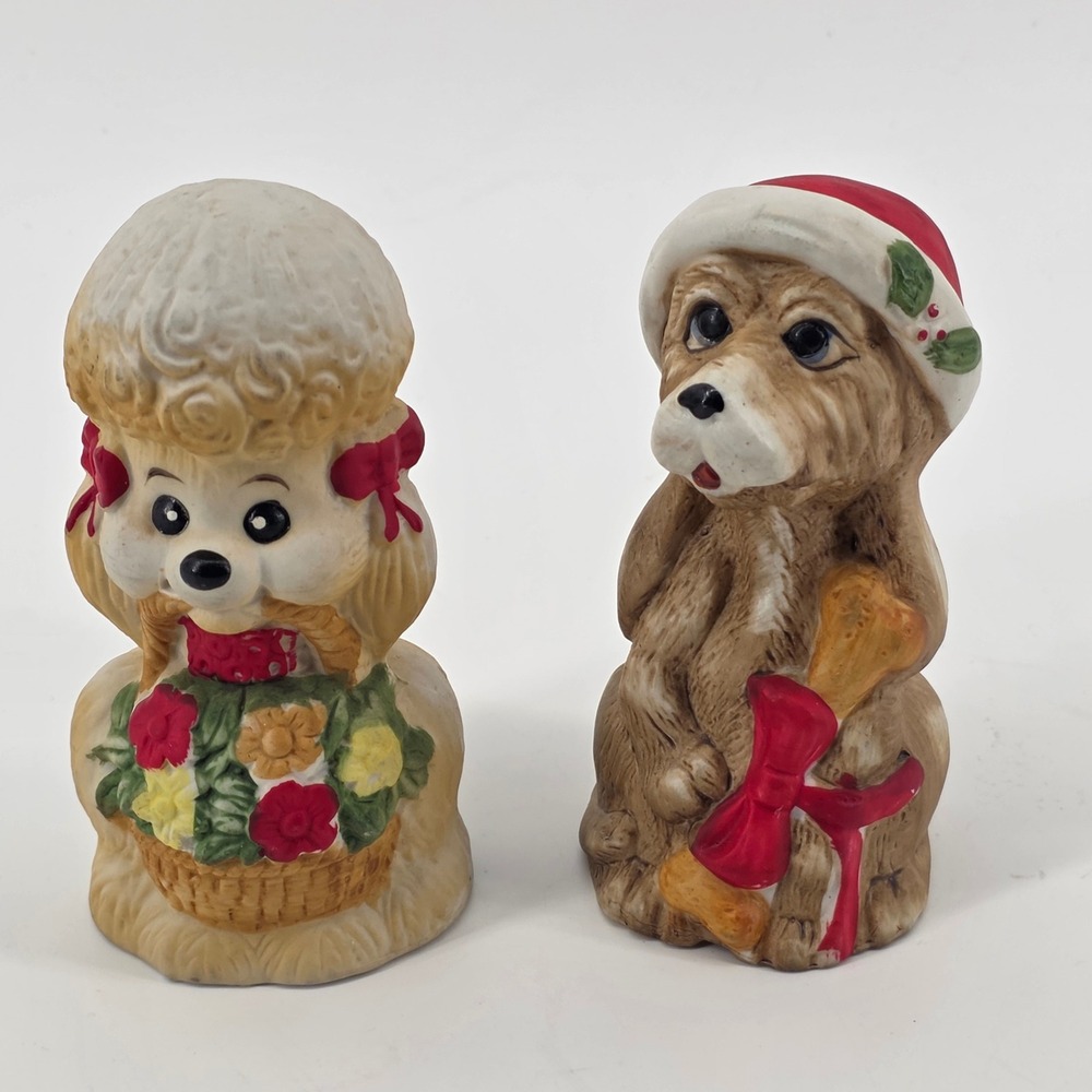Vintage Jasco christmas Dog Bells Poodle with Flowers and Puppy ceramic Set of 2